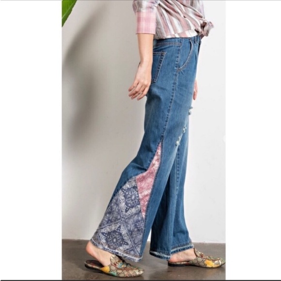 Patchwork Boho Flare Wide Leg Light Washed Denim Jeans - Picture 3 of 8